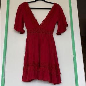 Deep red lace plunging v tunic